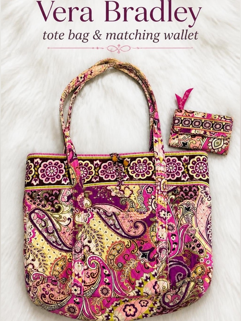 Vera Bradley Pink, Purple and Cream Paisley Quilted Tote with Matching Wallet